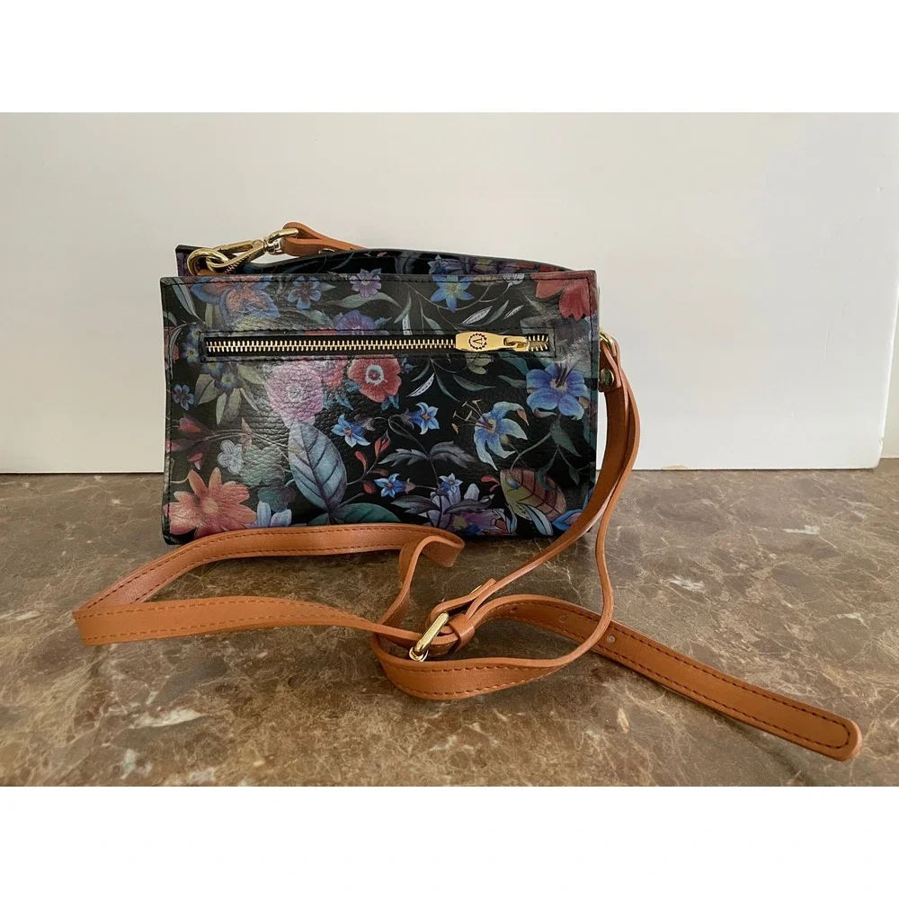 Valentina Floral‎ Print Leather Crossbody Bag Gold Zip Travel Boho Chic Romantic
